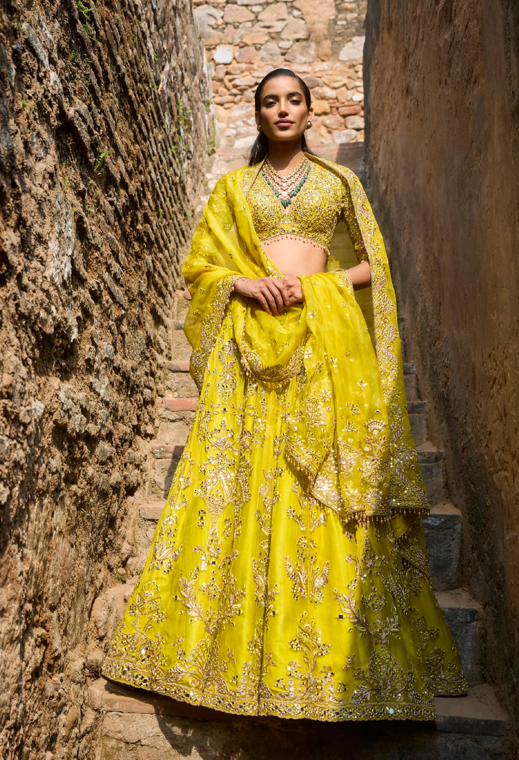 Lime Yellow Organza Lehenga Set