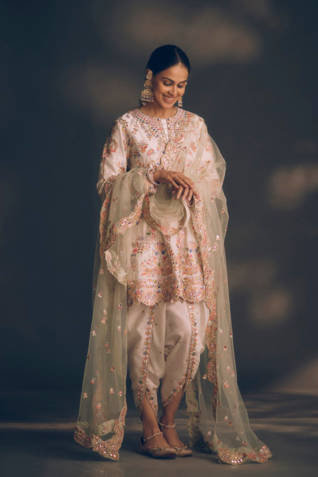 Genelia In Ivory Chanderi Kali Kurta Paired With A Dhoti