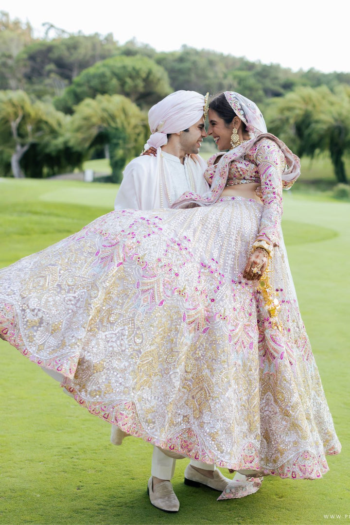 Gunjan Amarnani In Pink Tulle Self and Multicoloured Embroidered Lehenga Set
