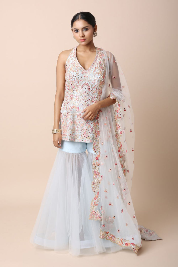 Blue Tulle Gharara Set