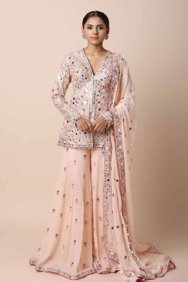 Peach Peplum Sharara Set