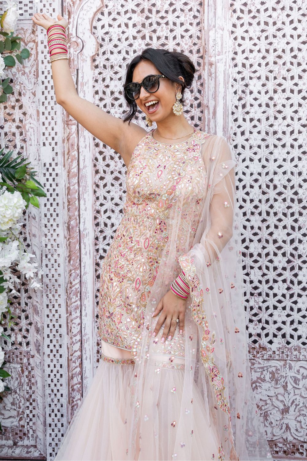 Manisha Punj In Peach Net Gharara With Foil Halter Kurta Set