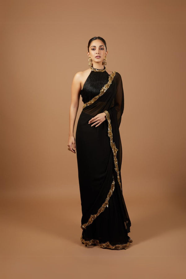 Kiara Advani in Pre-Drape Black And Gold Saree Set