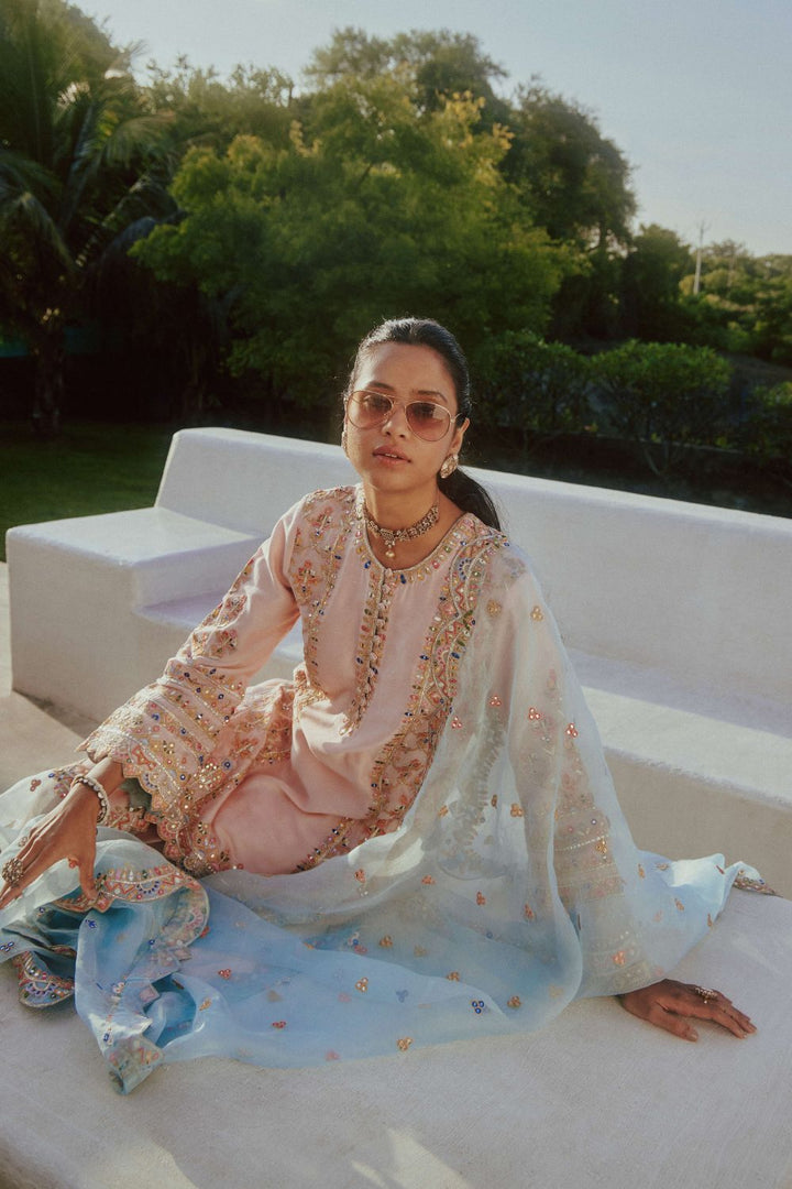 Peach And Blue Dhoti Set