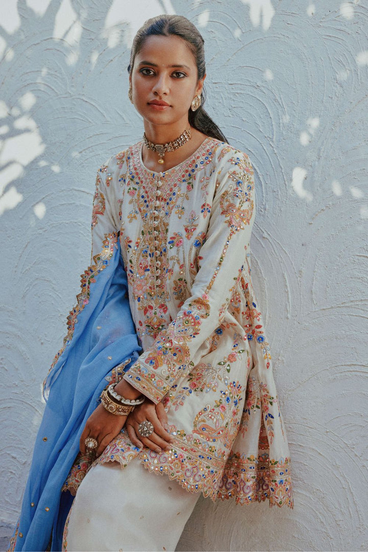 Ivory & English Blue Kali Kurta and Dhoti Set