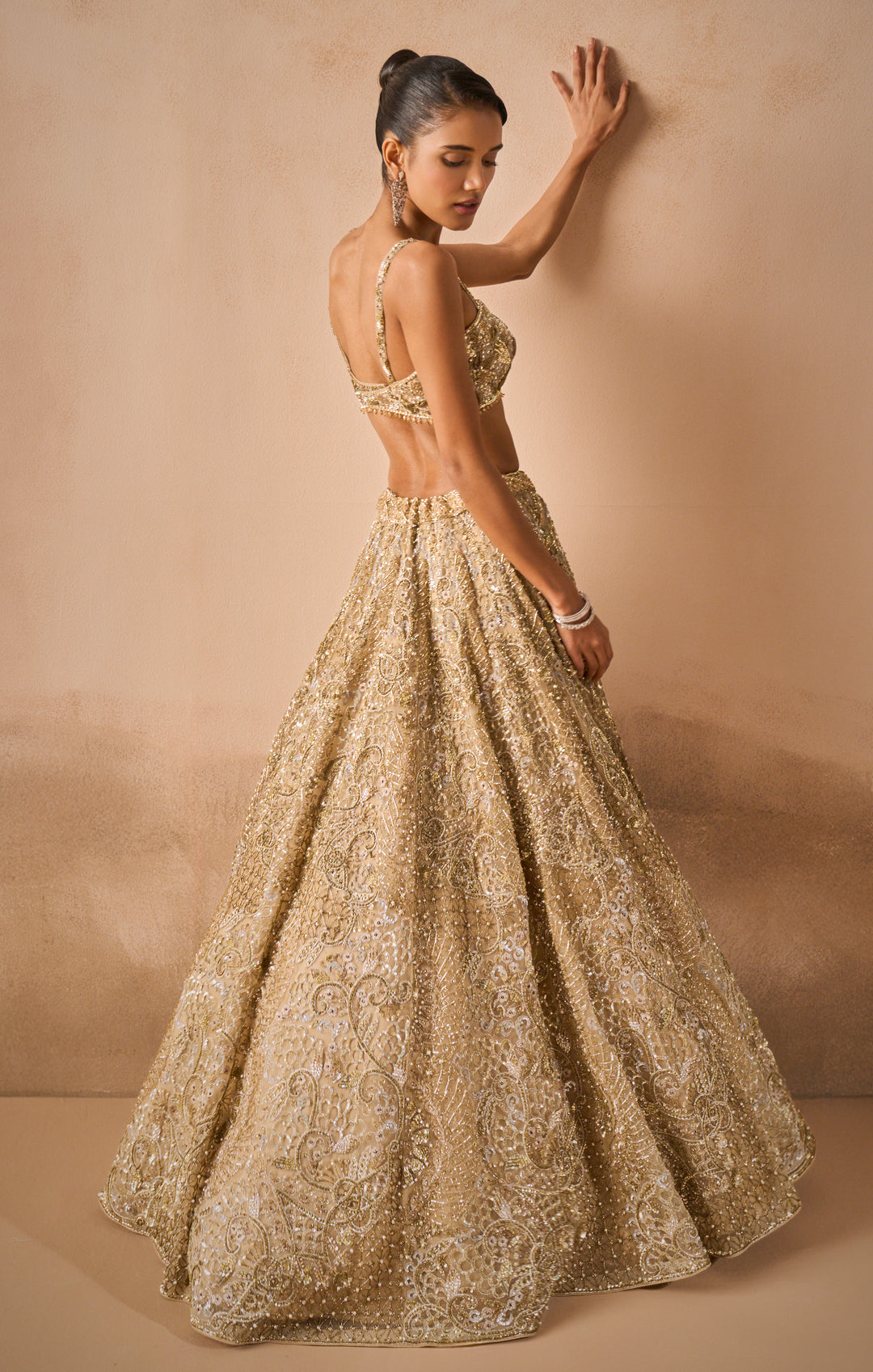 BEIGE GOLD TULLE SPARKLE LEHENGA SET
