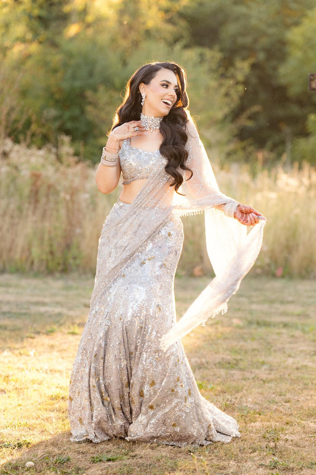 MAIHMA IN OUR NOCTEELE GREY GEORGETTE SPARKLE DRAPE LEHENGA SET