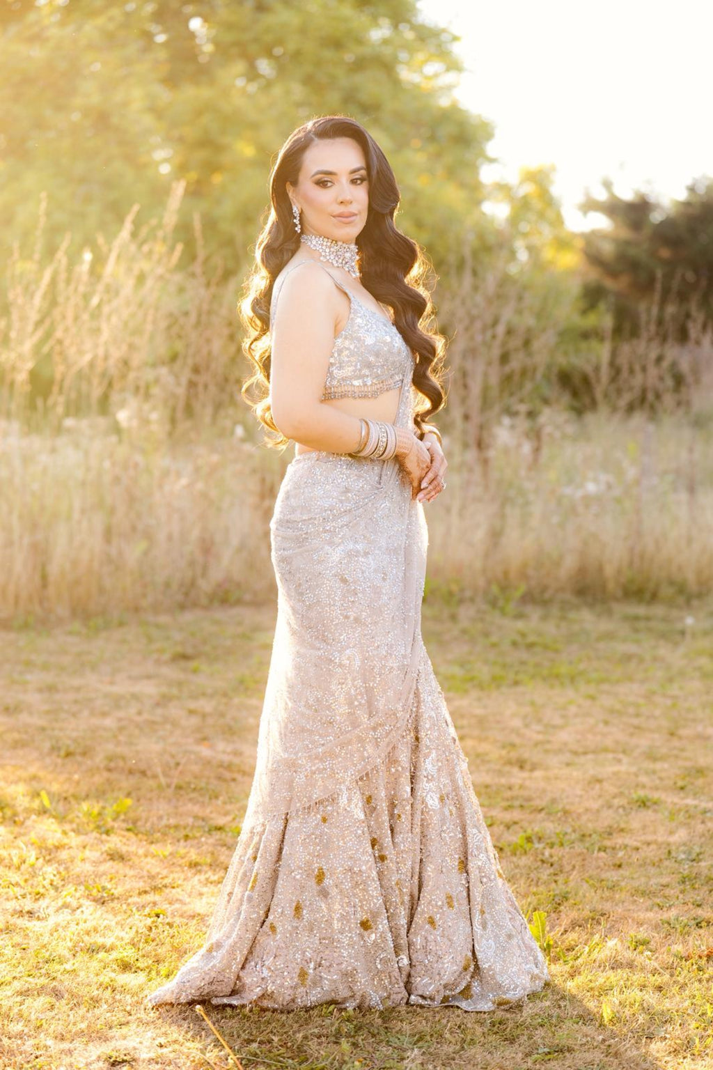 MAIHMA IN OUR NOCTEELE GREY GEORGETTE SPARKLE DRAPE LEHENGA SET