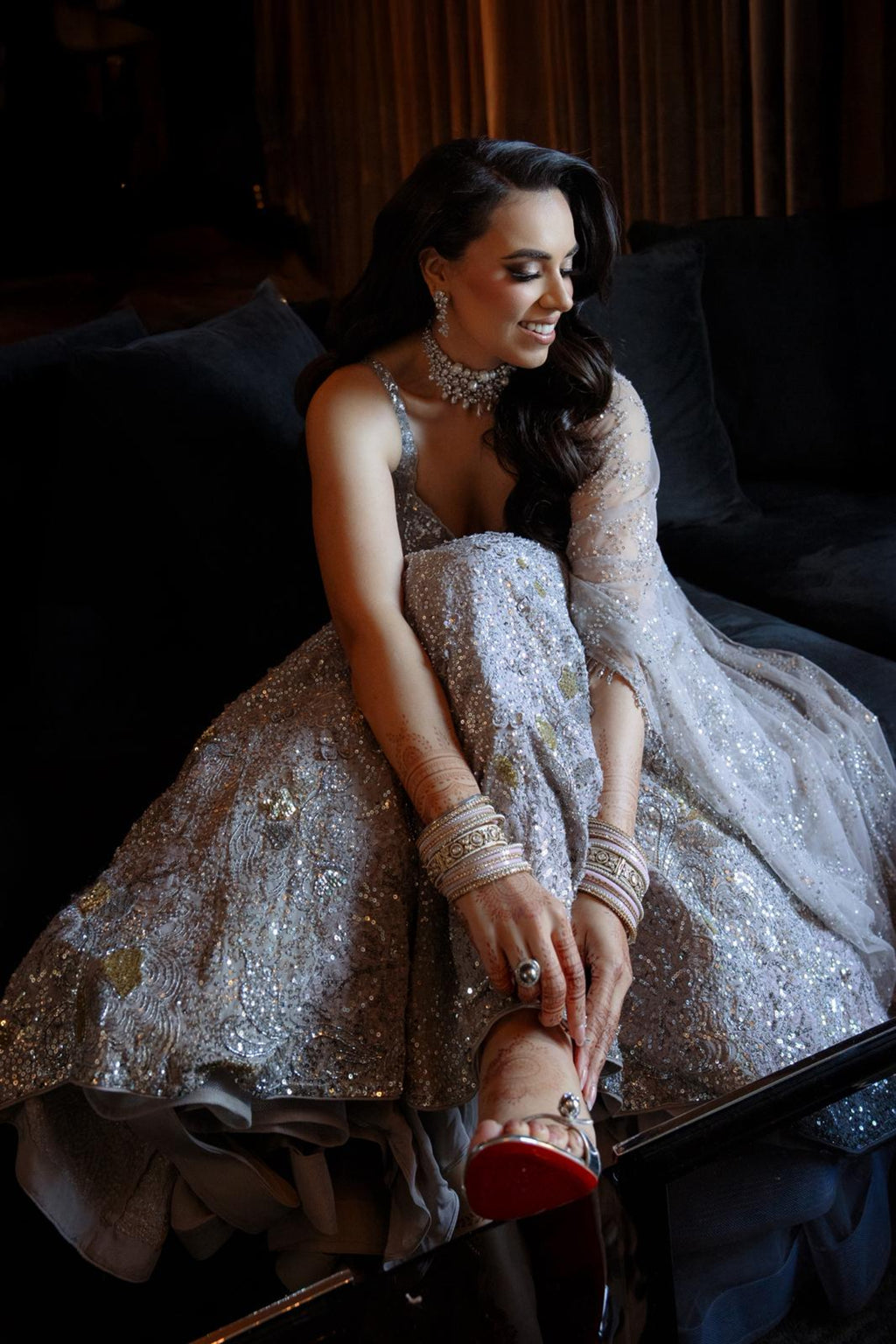 MAIHMA IN OUR NOCTEELE GREY GEORGETTE SPARKLE DRAPE LEHENGA SET