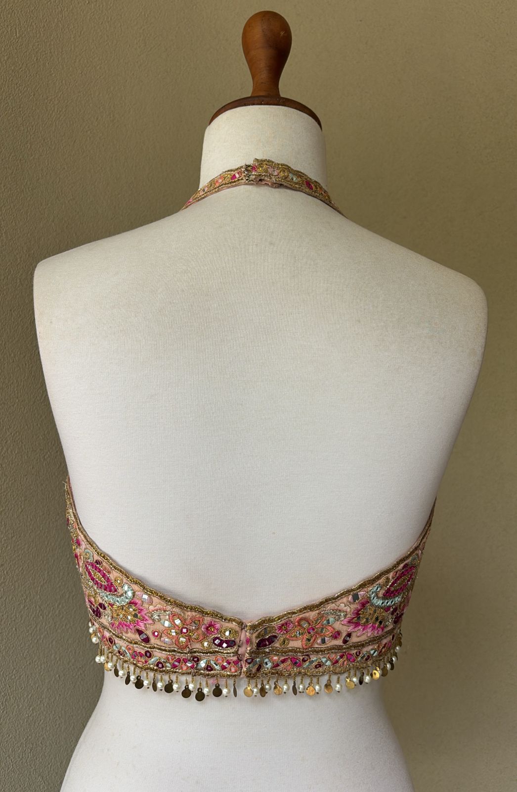 Peach multi colored resham, gota and zari blouse