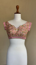 Pink off shoulder blouse with multi resham and foil work