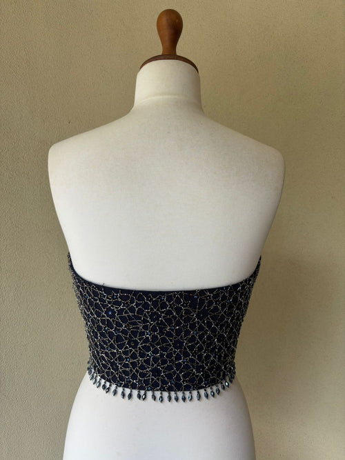 Blue net corset with sequins, cut beads and crystals