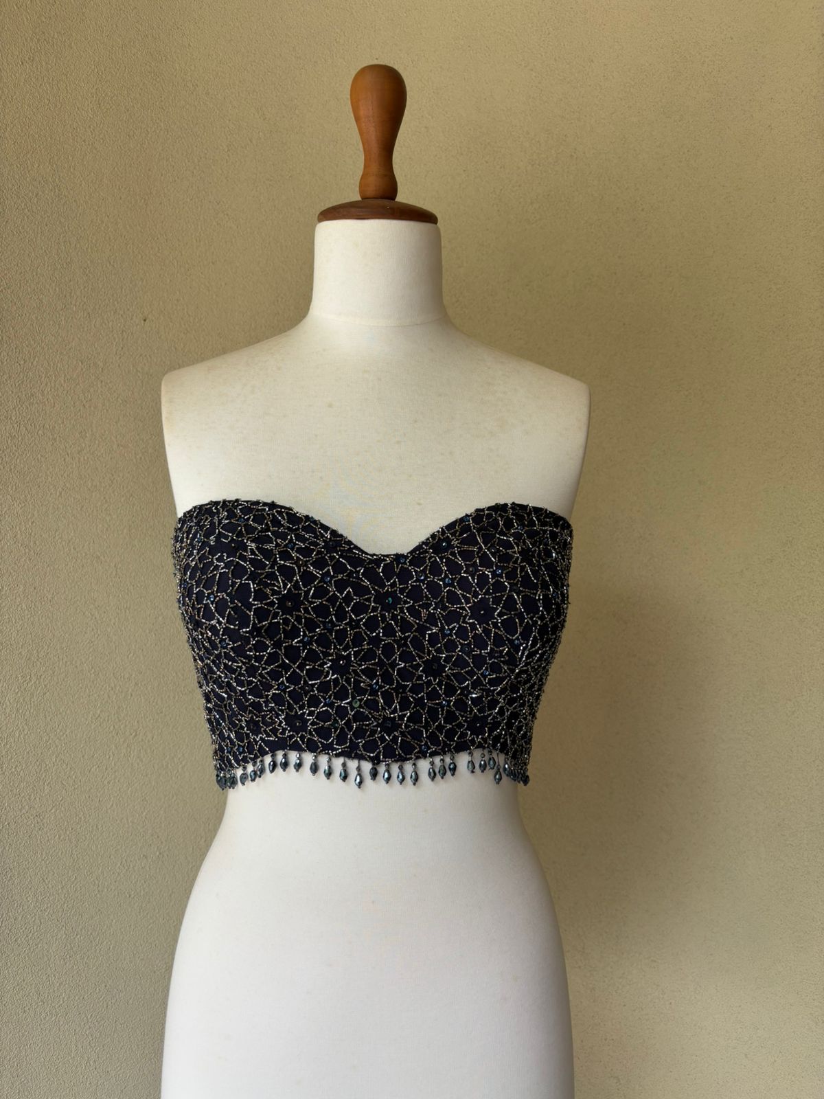 Blue net corset with sequins, cut beads and crystals