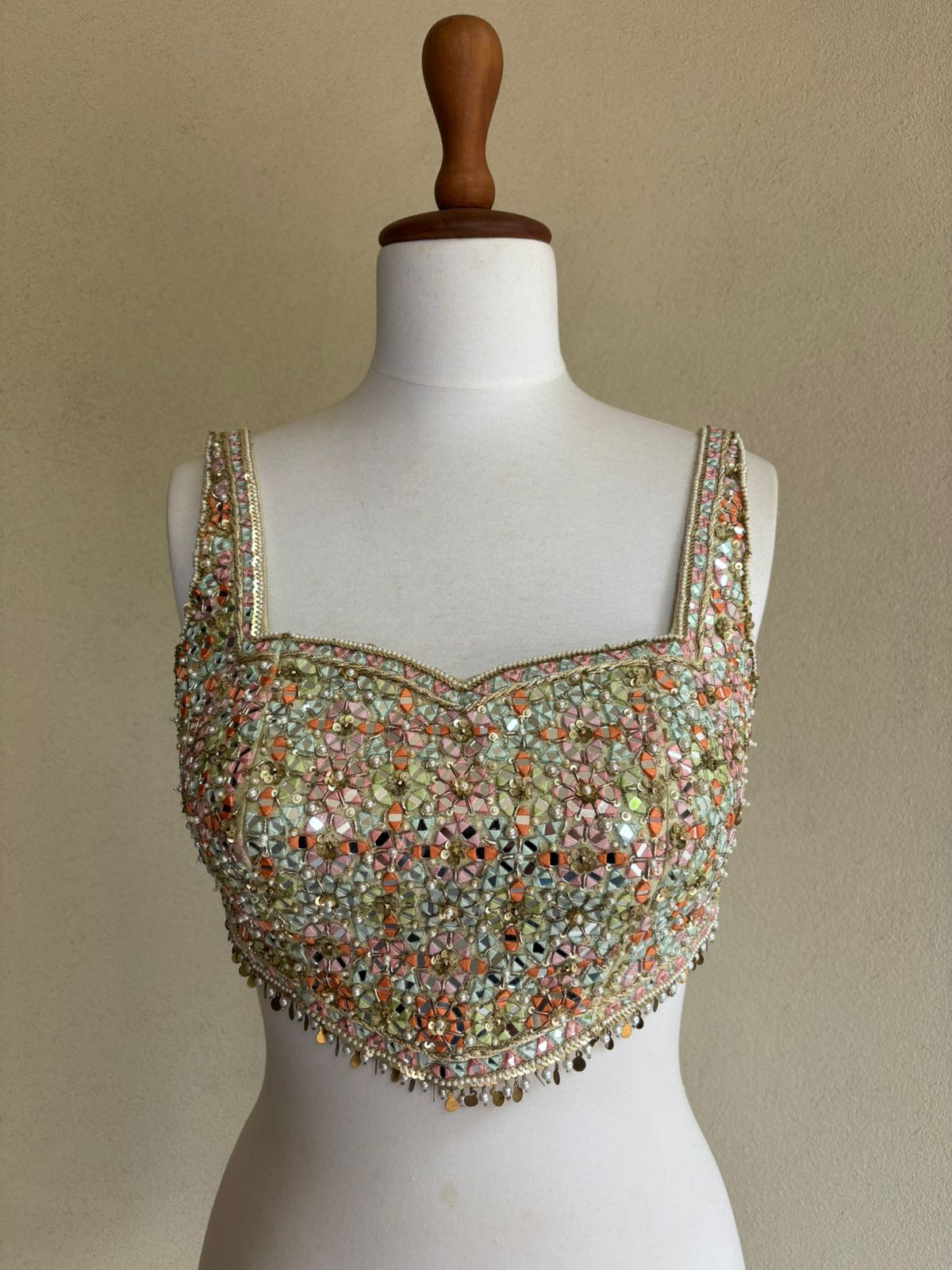 Green blouse with multi mirror with sequins and pearl