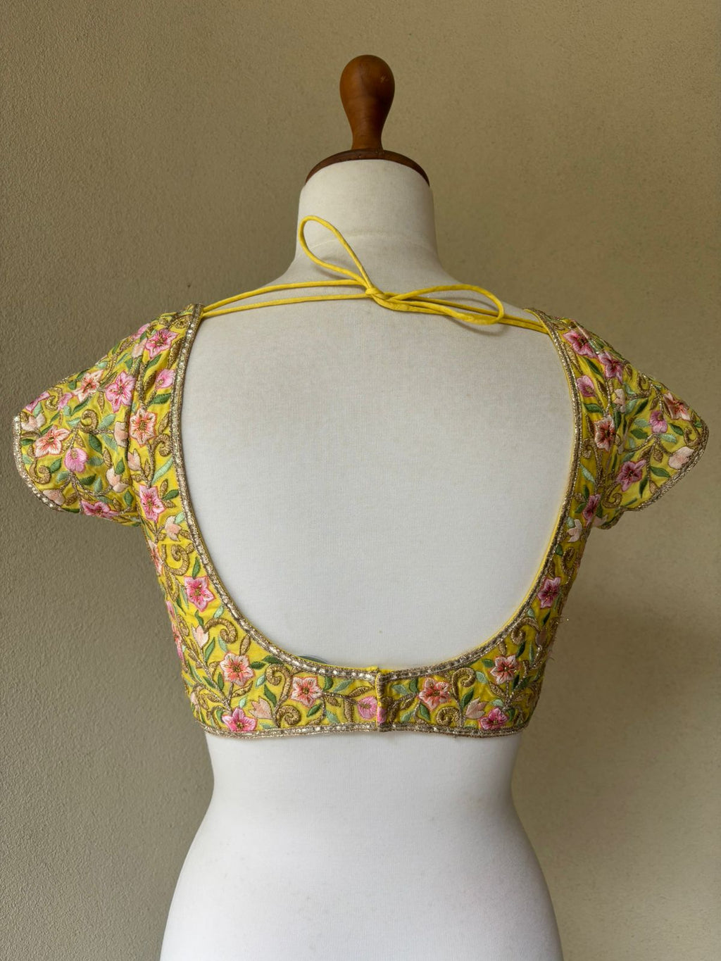 Yellow chanderi blouse with resham gotta dori work