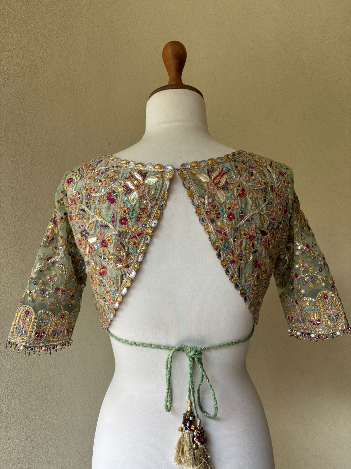 Green multi resham, mirror and gota blouse