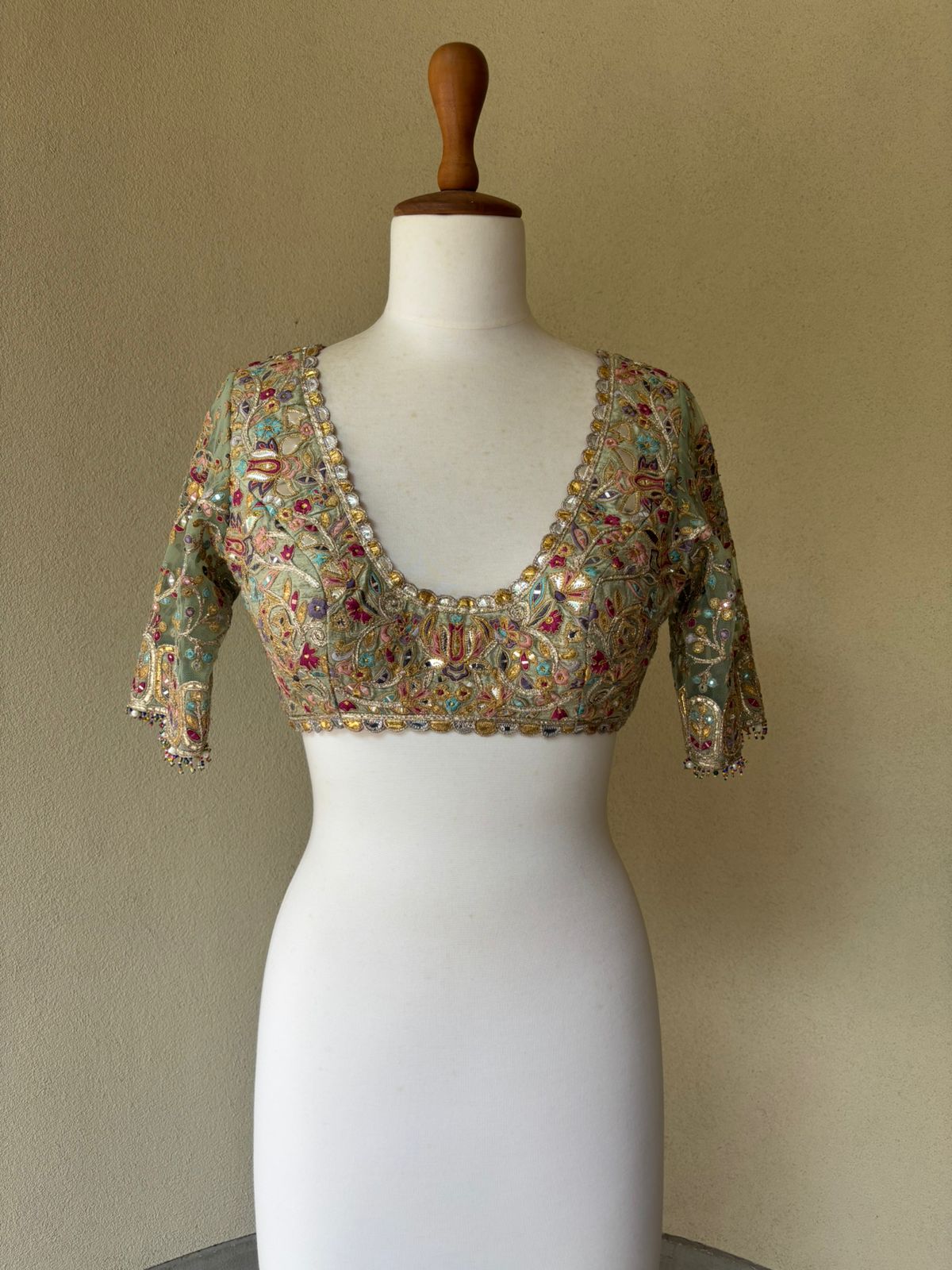 Green multi resham, mirror and gota blouse