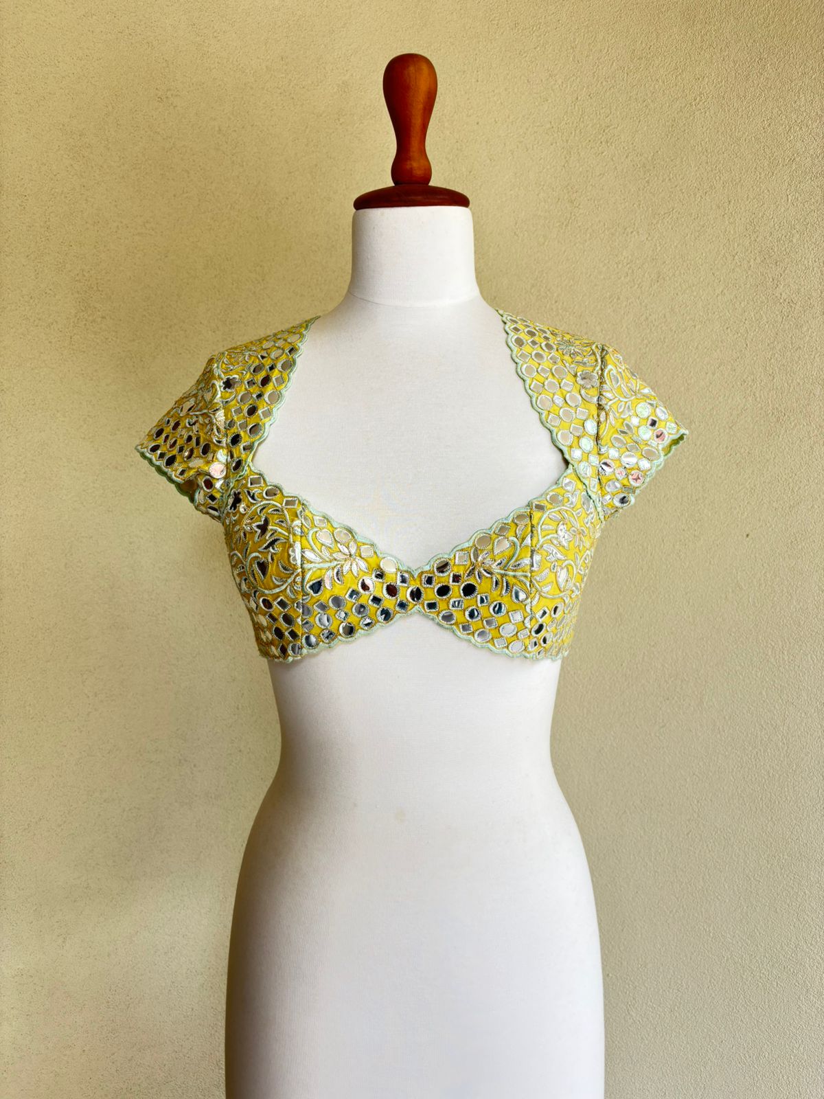 Yellow chanderi blouse with foil embroidery