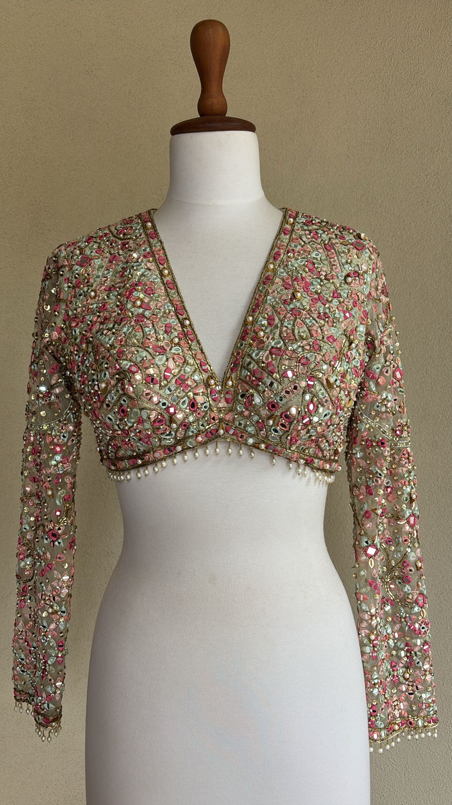 Green blouse with multi mirror, sequins and pearl embroidery