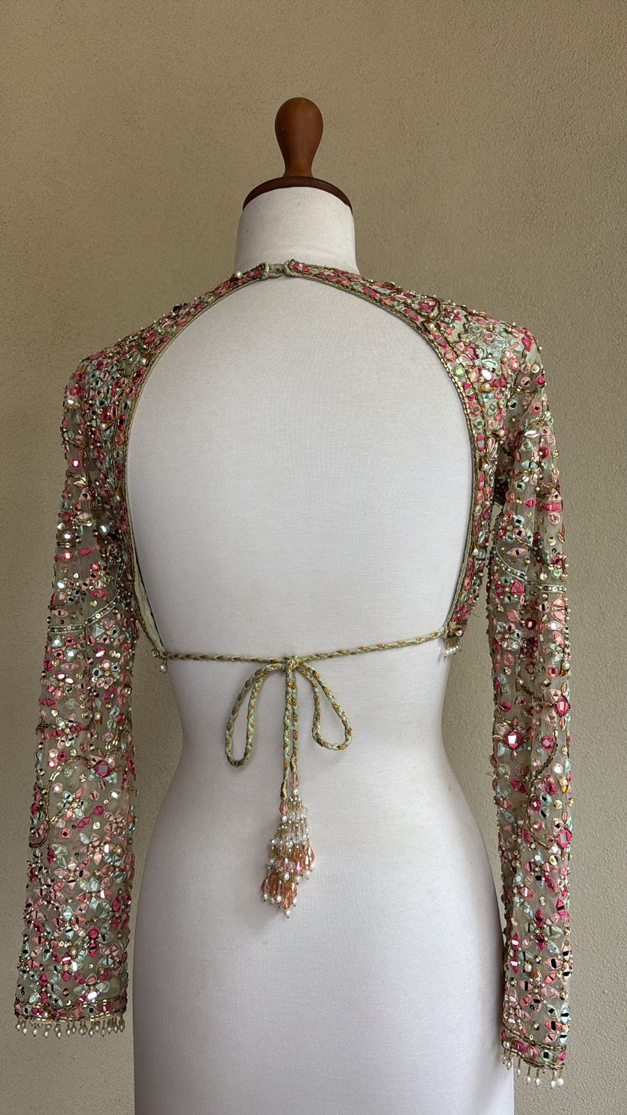 Green blouse with multi mirror, sequins and pearl embroidery