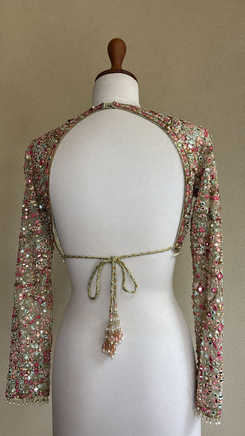 Green blouse with multi mirror, sequins and pearl embroidery