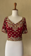 Red georgette blouse with multi resham, gota, mirror and sequins embroidery