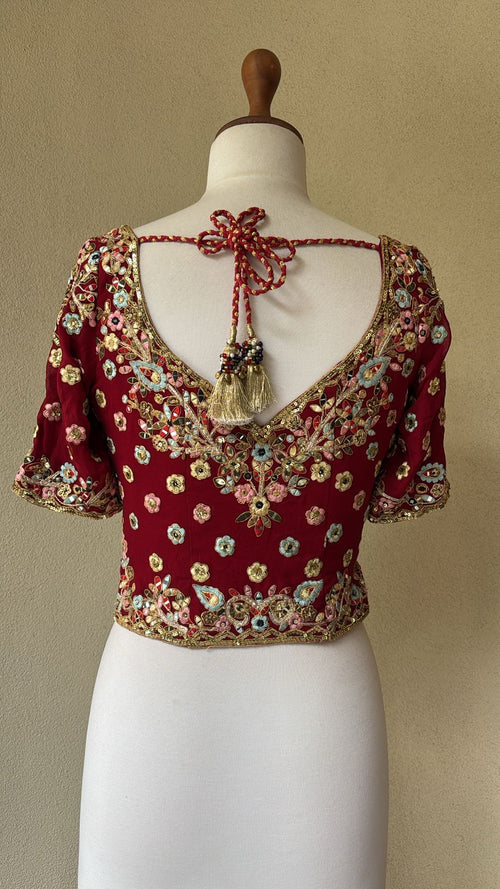Red georgette blouse with multi resham, gota, mirror and sequins embroidery