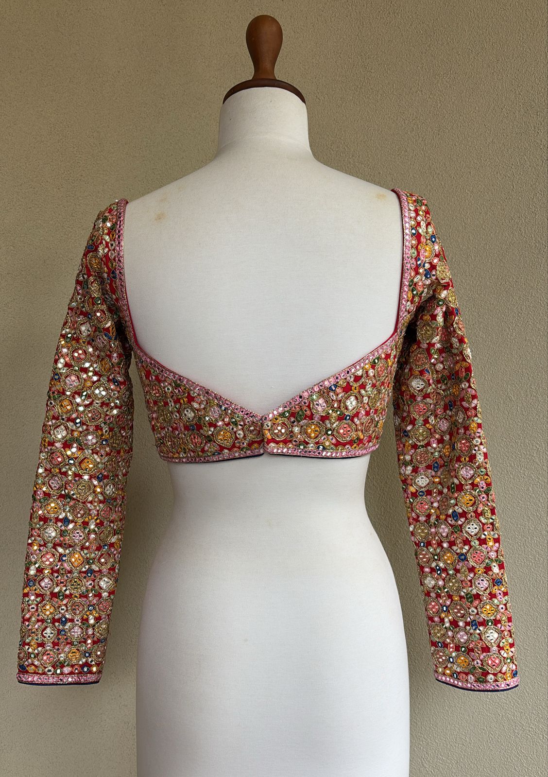 Red blouse with multi mirror and gota embroidery
