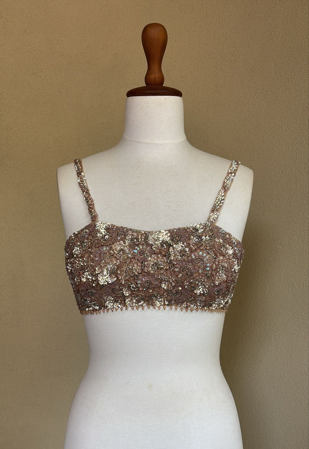 Nude peach blouse with sequins and cut beads