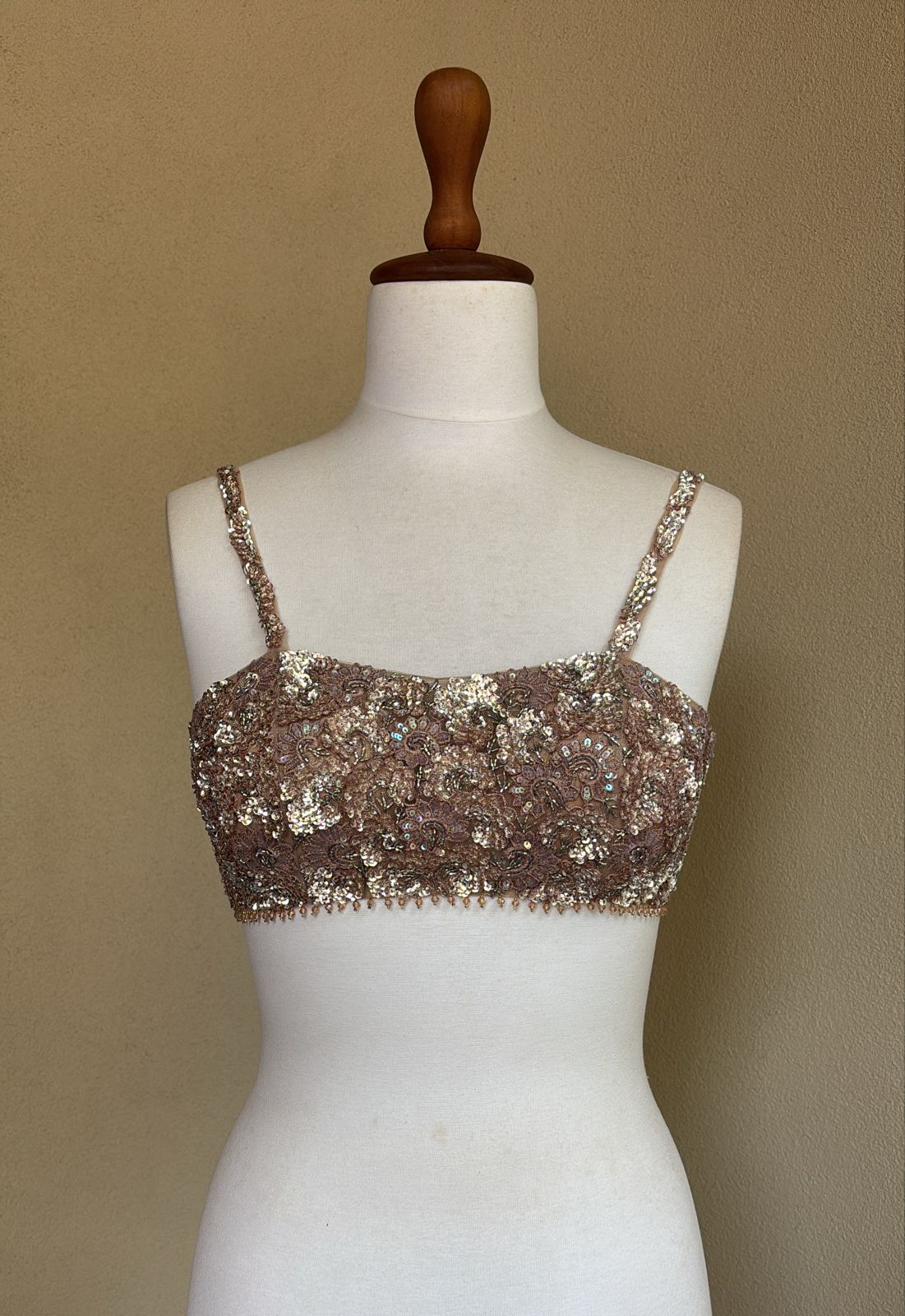 Nude peach blouse with sequins and cut beads