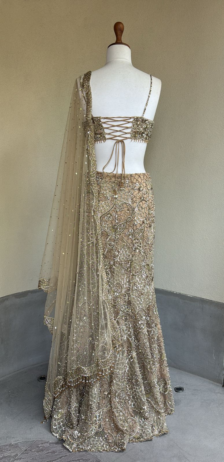 BEIGE GOLD SPARKLE TULLE FIT AND FLARE LEHENGA SET