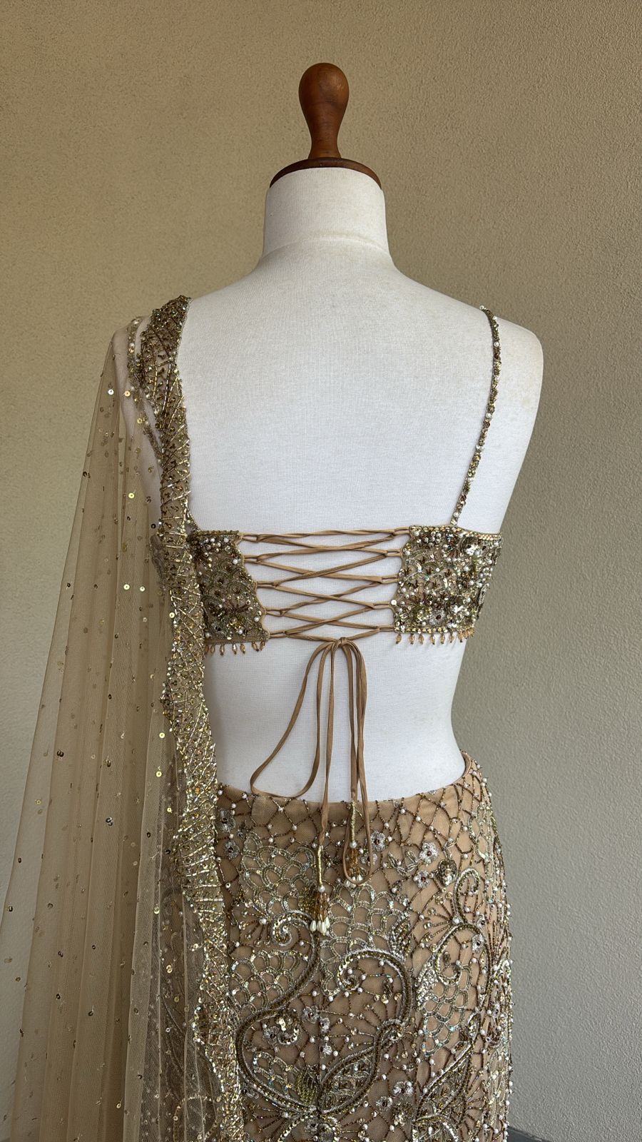 BEIGE GOLD SPARKLE TULLE FIT AND FLARE LEHENGA SET