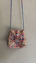 Peach embroidered mirror-work envelope flap crossbody bag