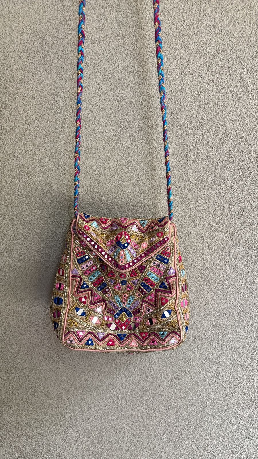Peach embroidered mirror-work envelope flap crossbody bag