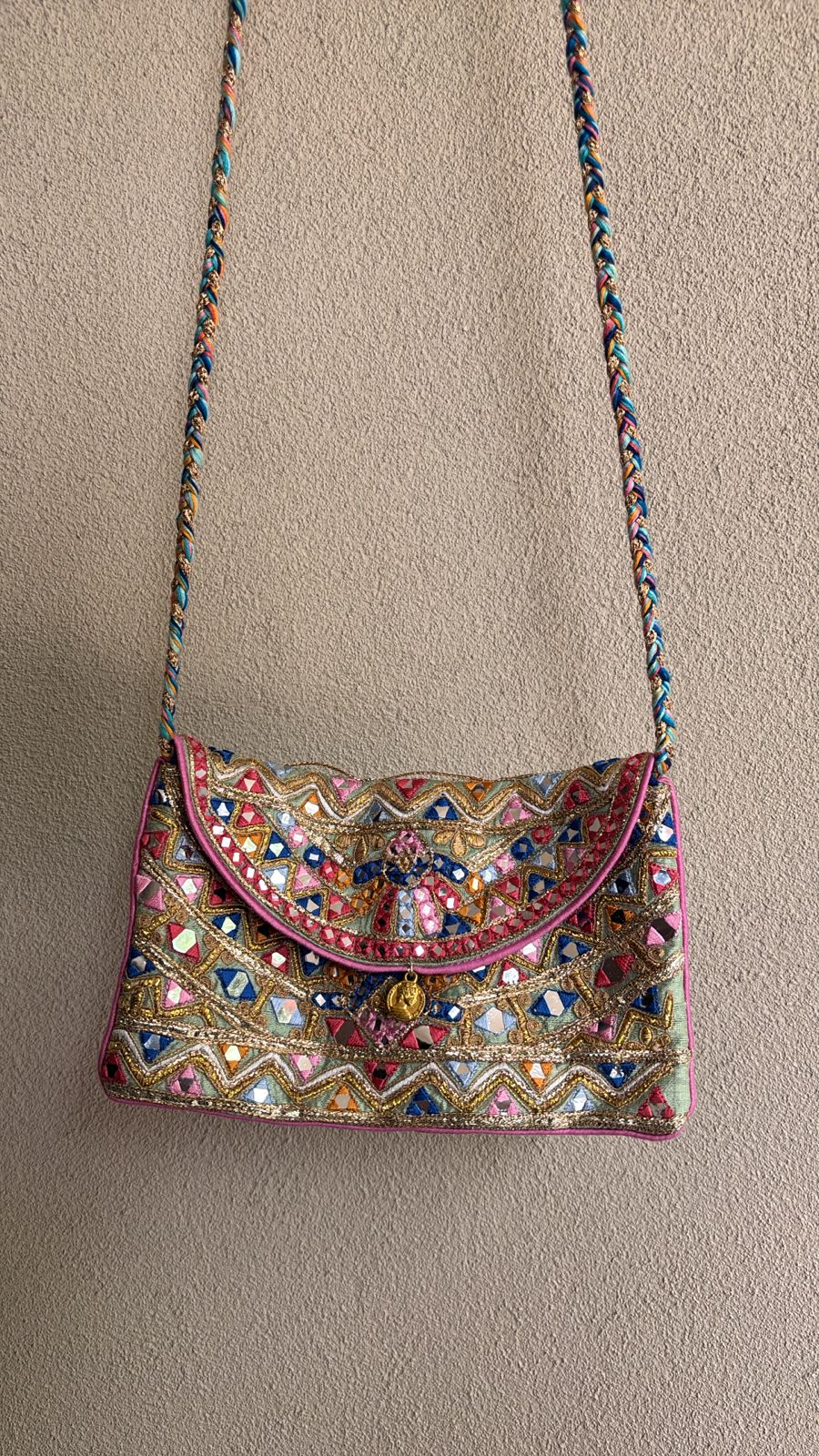 Green bag with resham, gotta, dori and mirror work