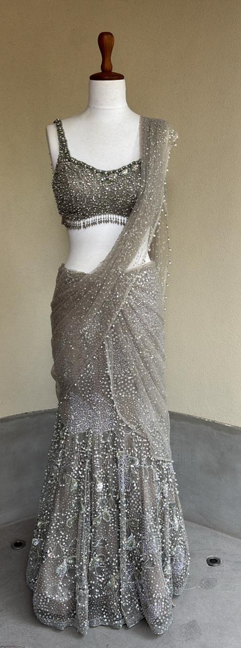 Silver Grey Tulle Drape Lehenga Set