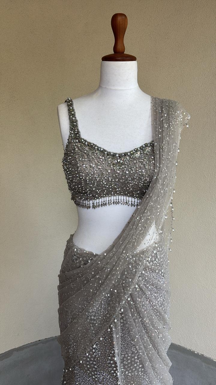 Silver Grey Tulle Drape Lehenga Set