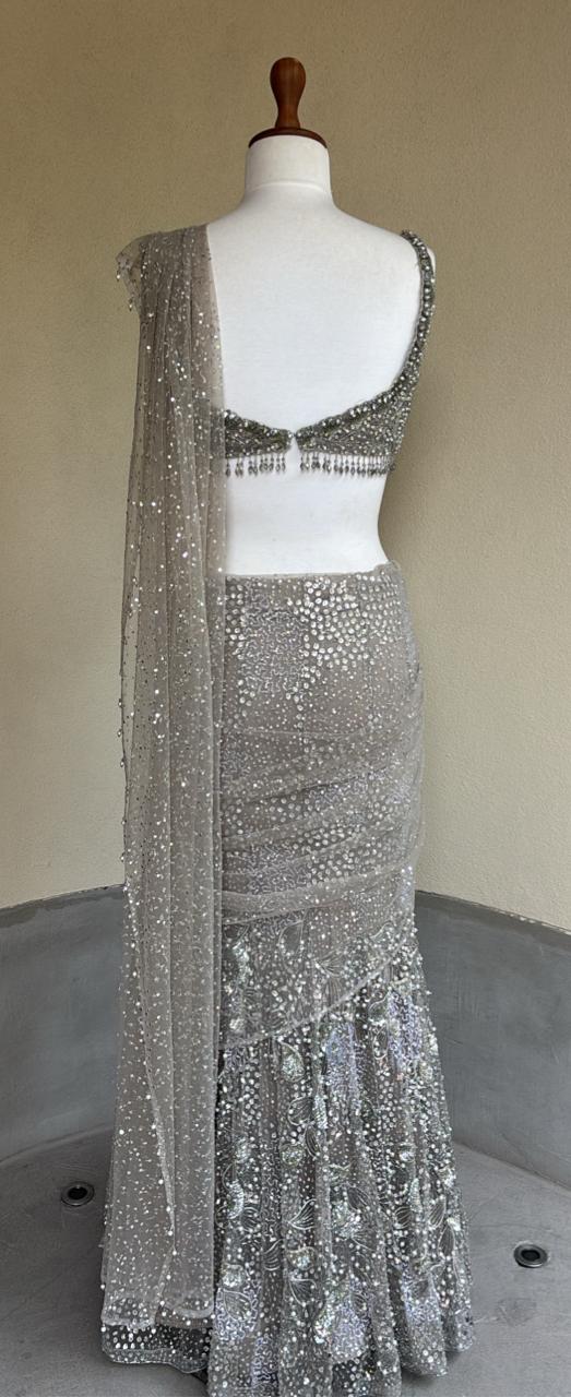 Silver Grey Tulle Drape Lehenga Set