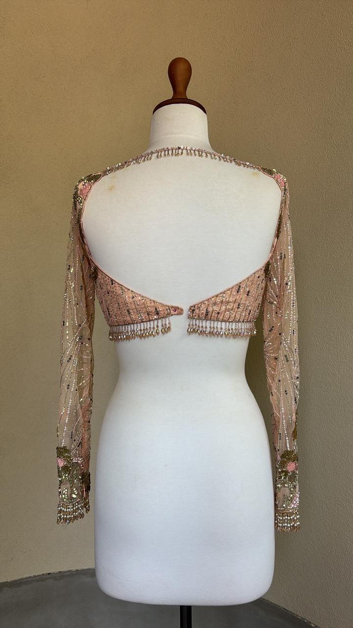 Peach blouse with sequins cut beads and pearl