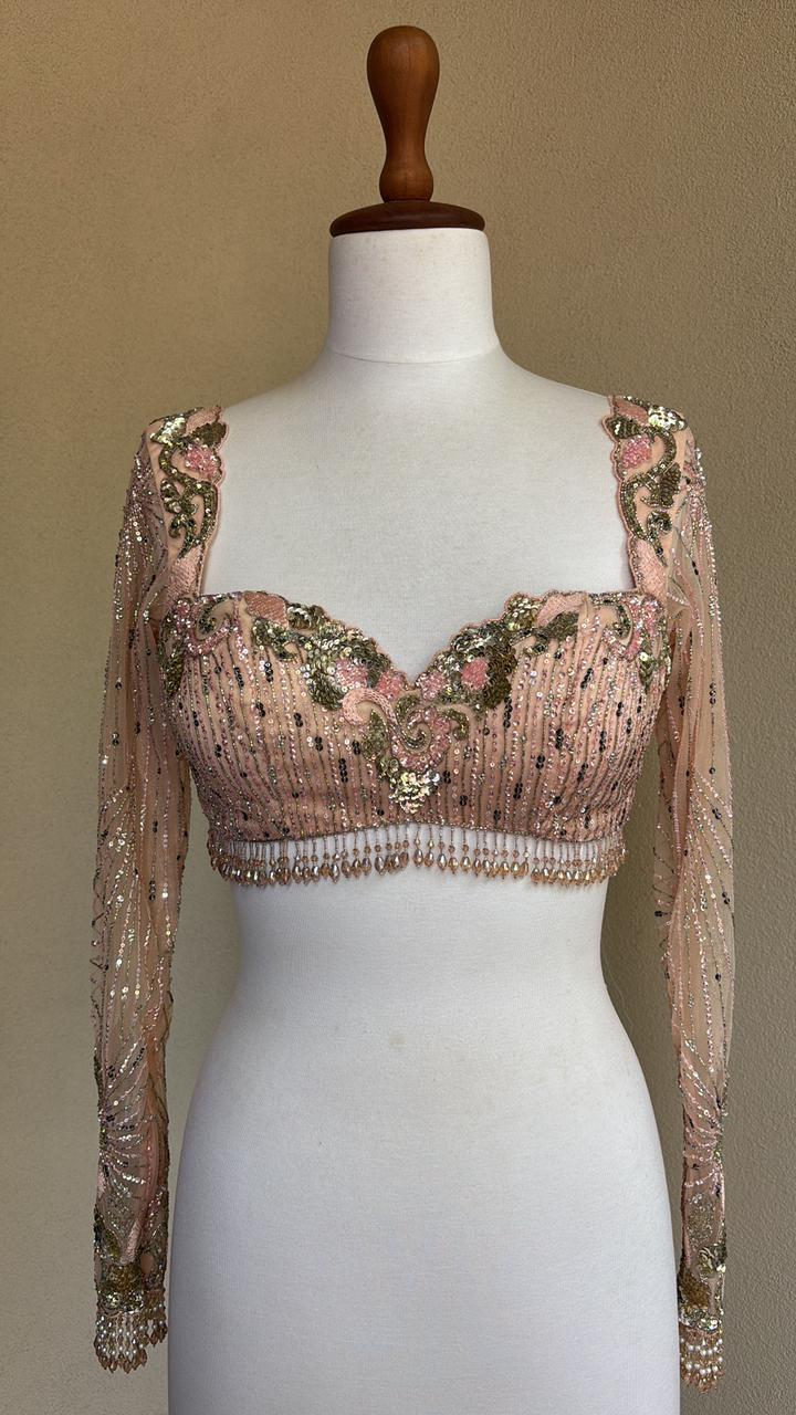 Peach blouse with sequins cut beads and pearl