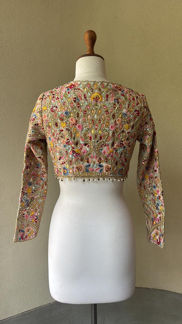 Multi colored resham, gota, mirror blouse