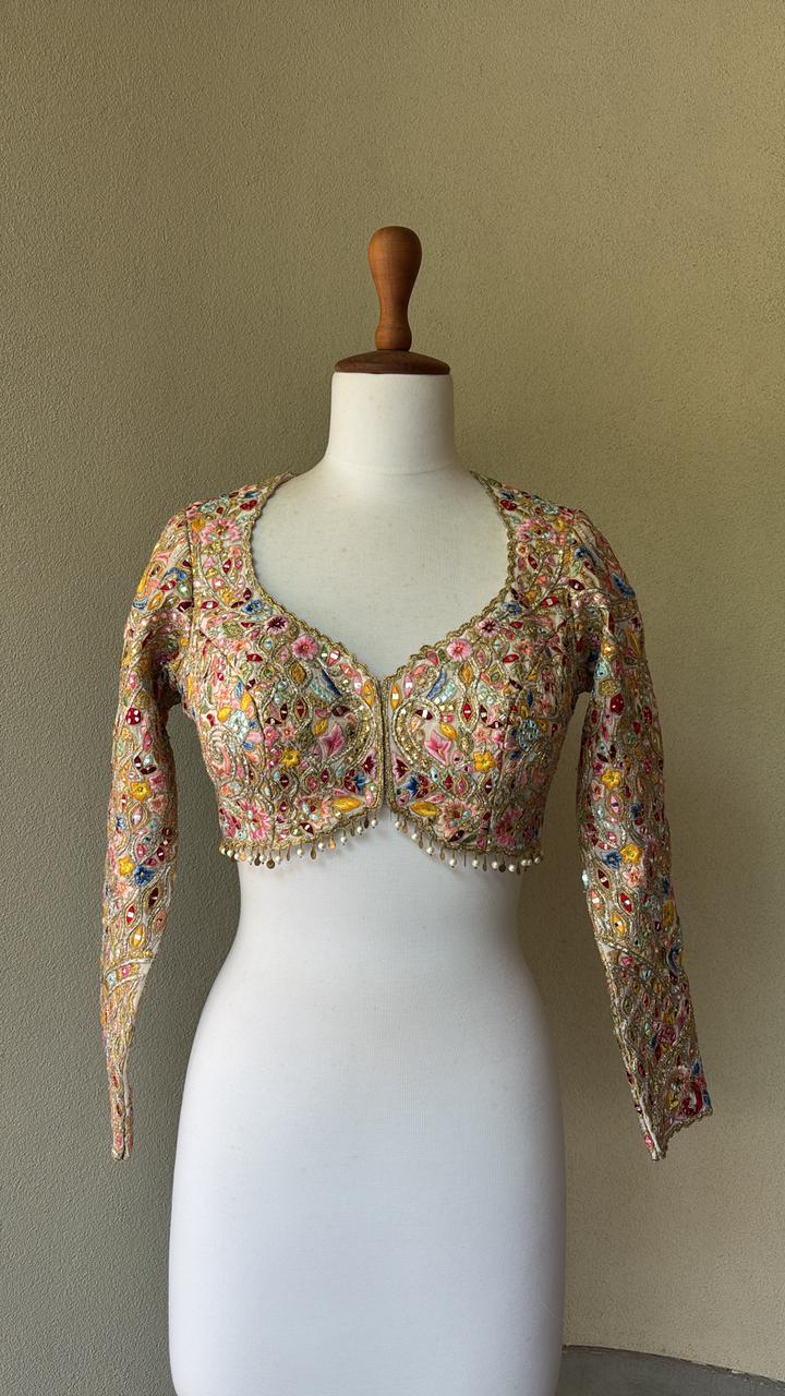 Multi colored resham, gota, mirror blouse