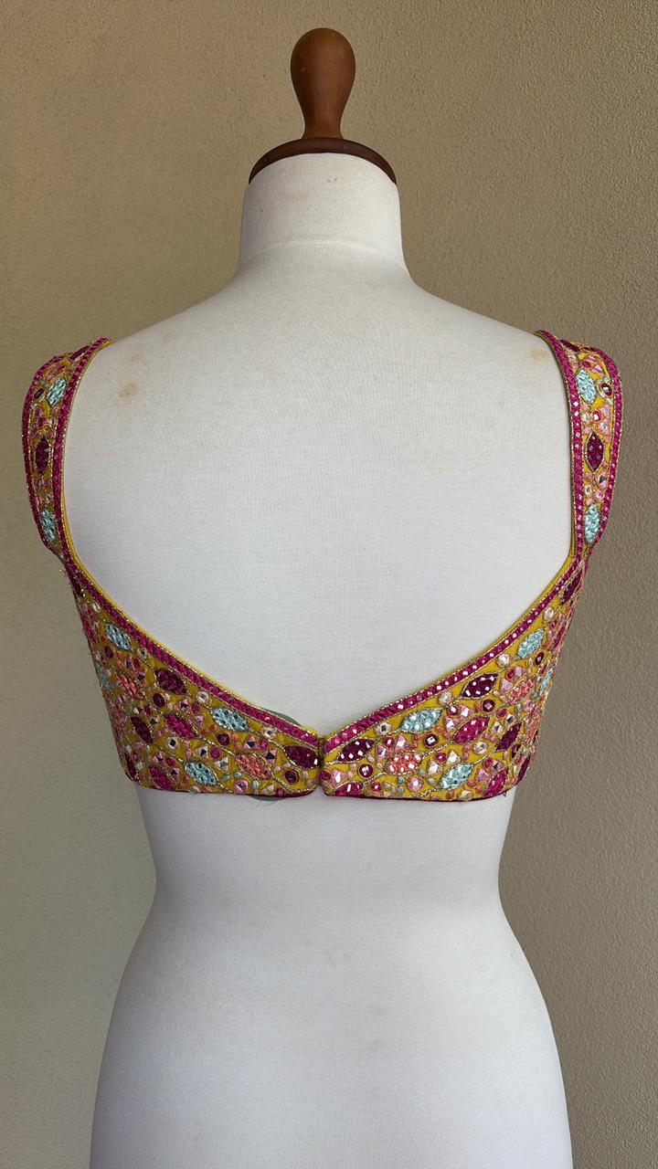 Yellow multi mirror and resham blouse