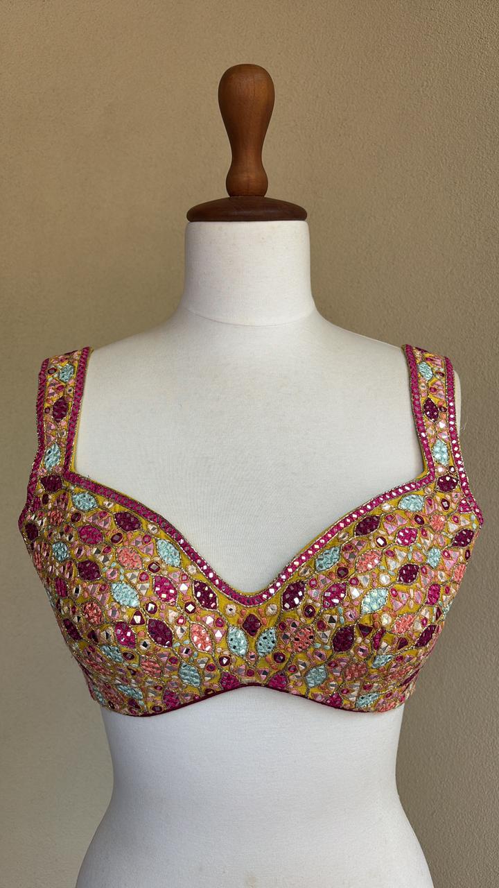Yellow multi mirror and resham blouse