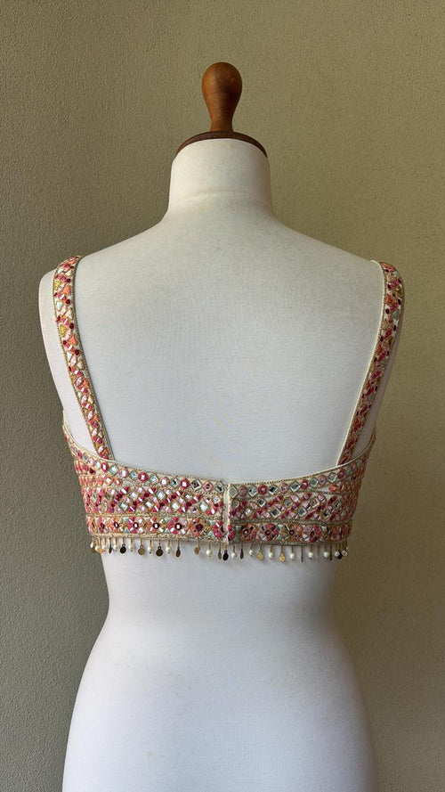 Peach blouse with multi mirror and foil work