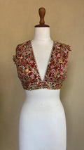 Red georgette blouse with multi resham, sequin, gota and mirror