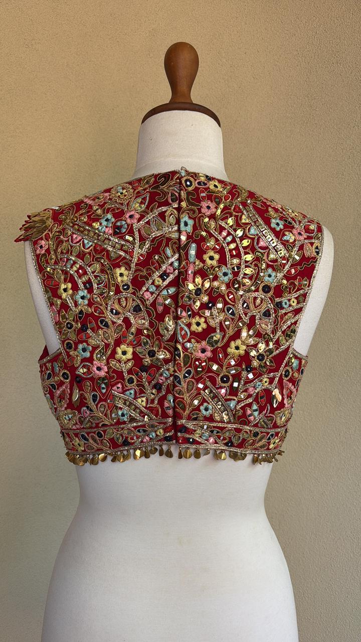 Red georgette blouse with multi resham, sequin, gota and mirror