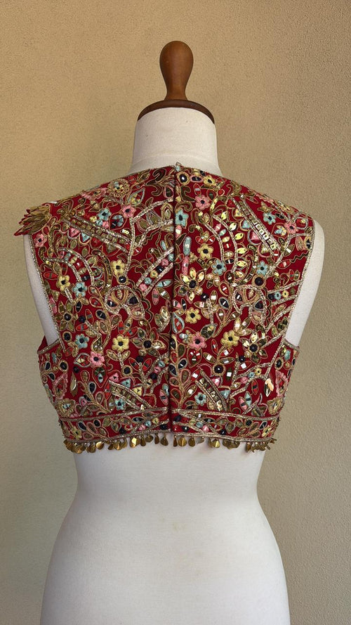 Red georgette blouse with multi resham, sequin, gota and mirror