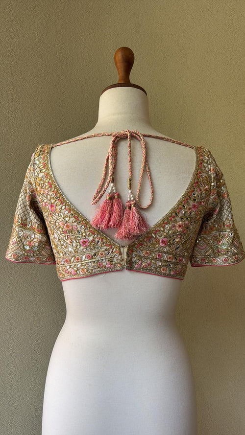 Ivory chanderi blouse with resham, gotta, dori, zari, mirror and foil work