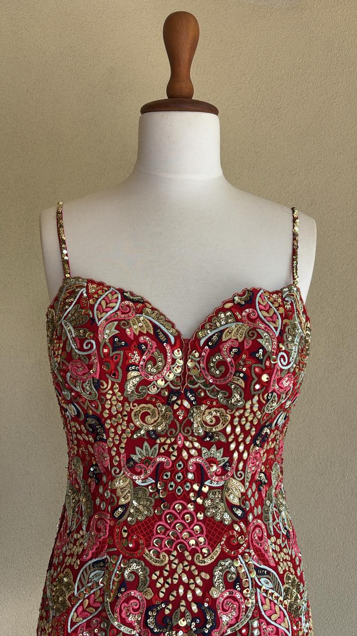 Red thread mirror and sequin work kurta